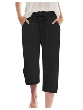 Wide Leg High Waisted Capri Pants Drawstring Pockets Flowy Cotton Blend Silk